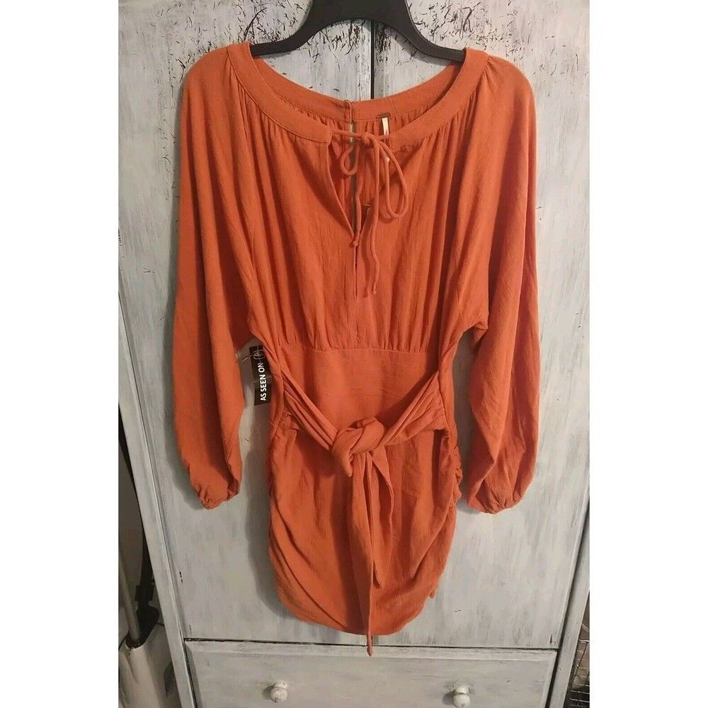 Free People Puff Sleeve Mini Hole Front Dress Xs Orange Boho Cottagecore Y2k